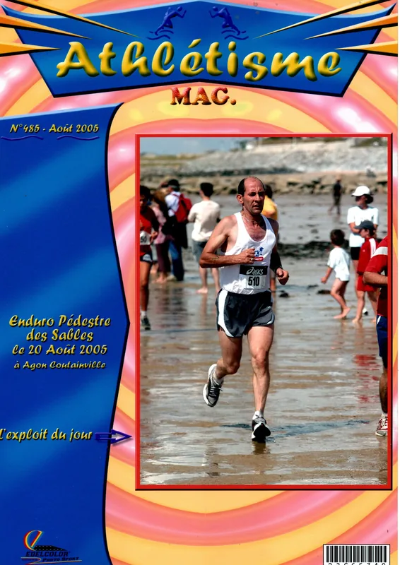 Couverture d'Athlétisme Mag, août 2005 : Jean-Pierre Marie sur l'Enduro Pédestre des Sables à Agon-Coutainville