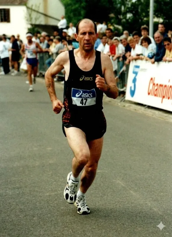 Jean-Pierre Marie en course sur route, dossard 47